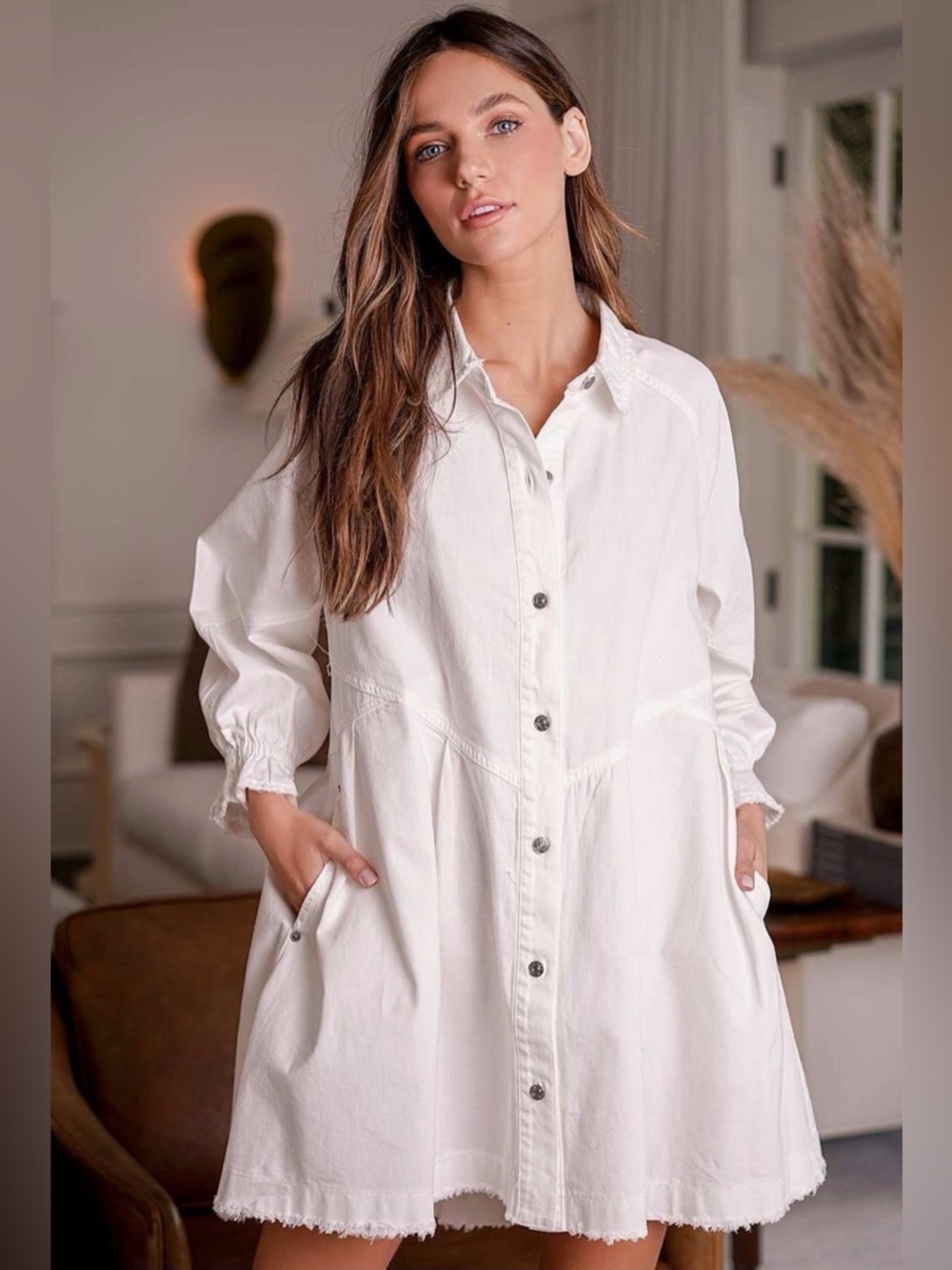 Free People Hannah Denim Long Sleeve Button-Front Mini Dress - Size XS - Picture 6 of 15